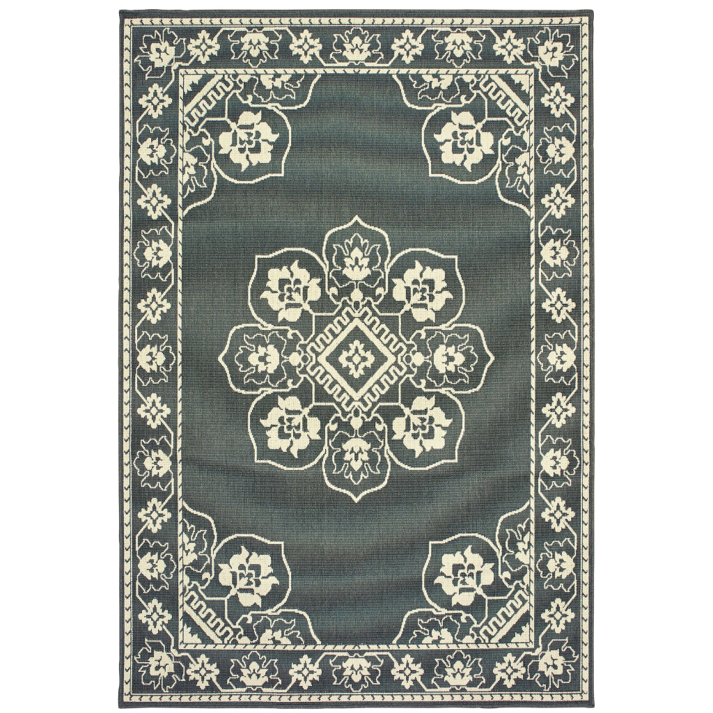 Oriental Weavers Marina 7764E Grey/Ivory Rectangle Indoor / Outdoor Area Rug - Stain Resistant Machine Made Patio Rug with Medallion Pattern-