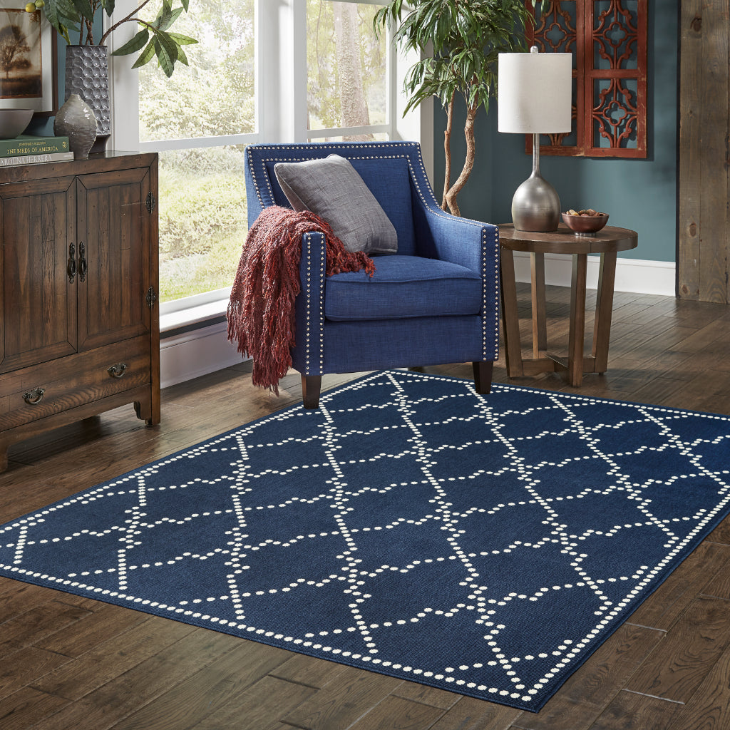 Oriental Weavers Marina 7765B Navy/Ivory Rectangle Indoor / Outdoor Area Rug - Stain Resistant Machine Made Patio Rug with Geometric Pattern-