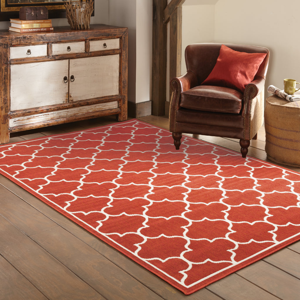 Oriental Weavers Meridian 1295R Red/Ivory Rectangle Indoor / Outdoor Area Rug - Trendy Stain Resistant Machine Made Patio Rug with Trellis Pattern-