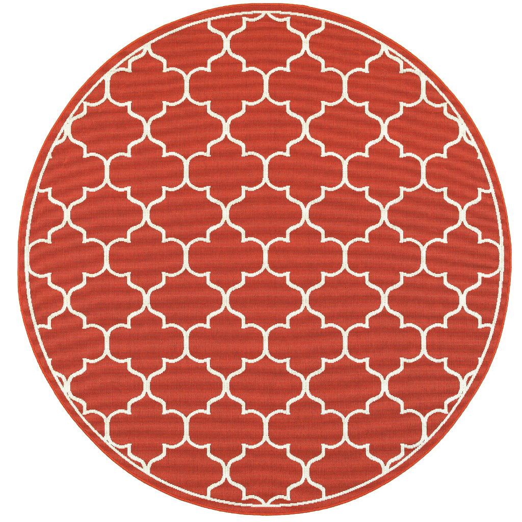 Oriental Weavers Meridian 1295R Red/Ivory Round Indoor / Outdoor Area Rug - Trendy Stain Resistant Machine Made Rug for Dining & Living Spaces-