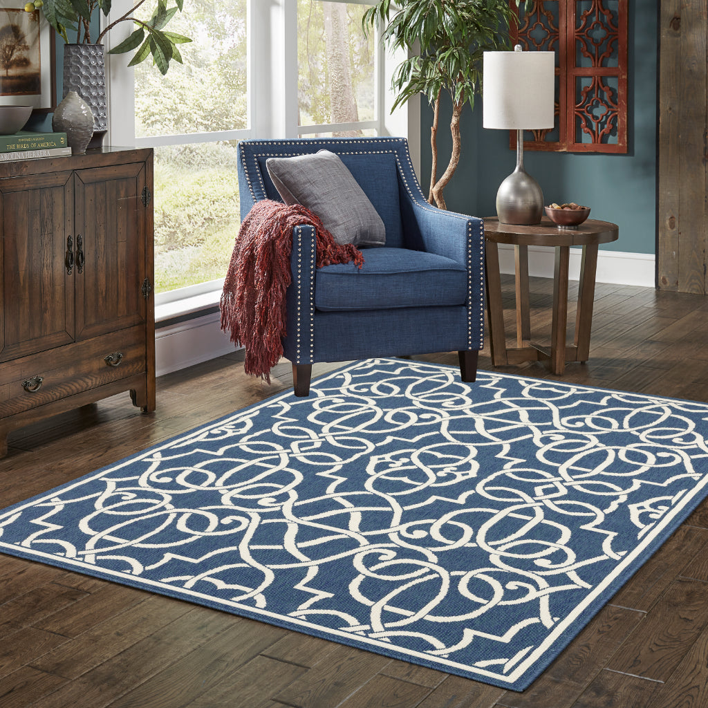 Oriental Weavers Meridian 2205B Navy/Ivory Rectangle Indoor / Outdoor Area Rug - Trendy Stain Resistant Machine Made Patio Rug with Trellis Pattern-
