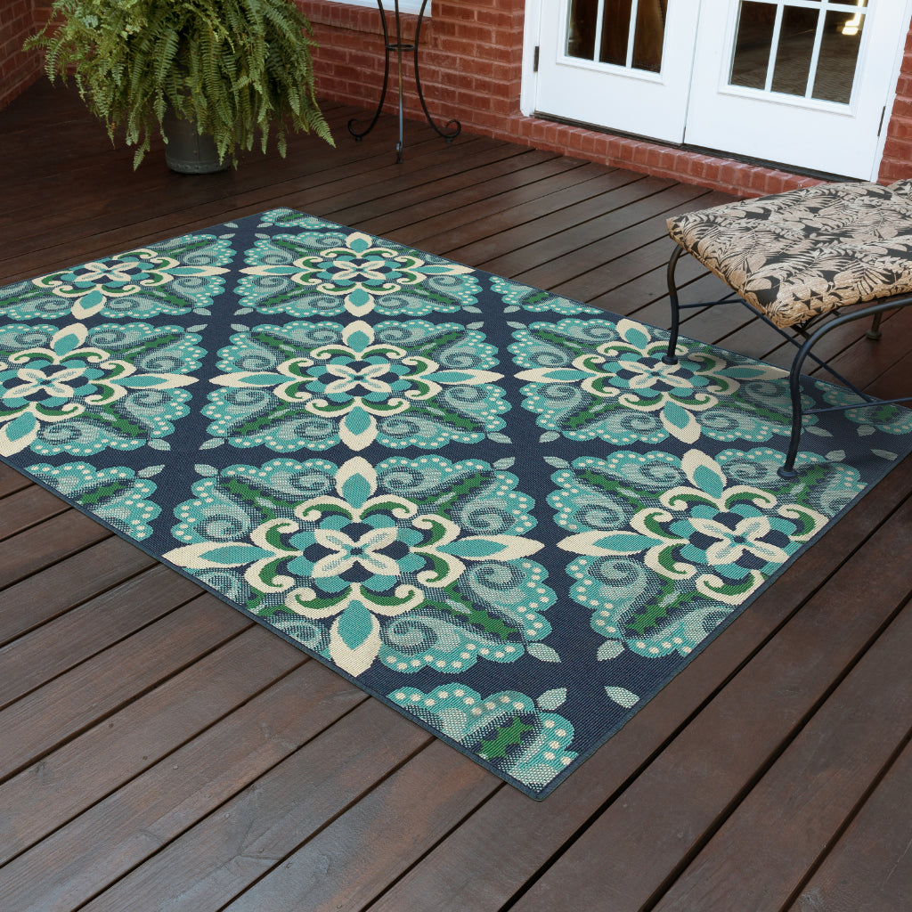 Oriental Weavers Meridian 2206B Blue/Green Rectangle Indoor / Outdoor Area Rug - Trendy Stain Resistant Machine Made Patio Rug with Medallion Pattern-