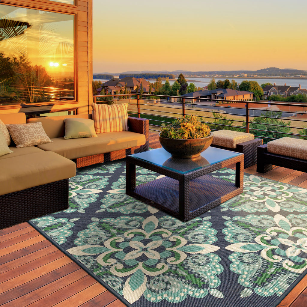 Oriental Weavers Meridian 2206B Blue/Green Rectangle Indoor / Outdoor Area Rug - Trendy Stain Resistant Machine Made Patio Rug with Medallion Pattern-