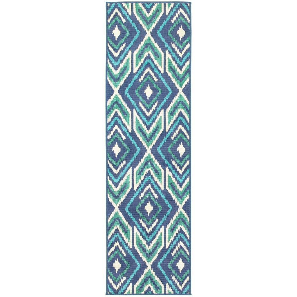 Oriental Weavers Meridian 2209B Navy/Green Rectangle Indoor / Outdoor Runner - Trendy Stain Resistant Machine Made Entryway & Hallway Runner with Geometric Pattern-