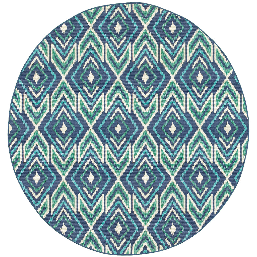 Oriental Weavers Meridian 2209B Navy/Green Round Indoor / Outdoor Area Rug - Trendy Stain Resistant Machine Made Rug for Dining & Living Spaces-