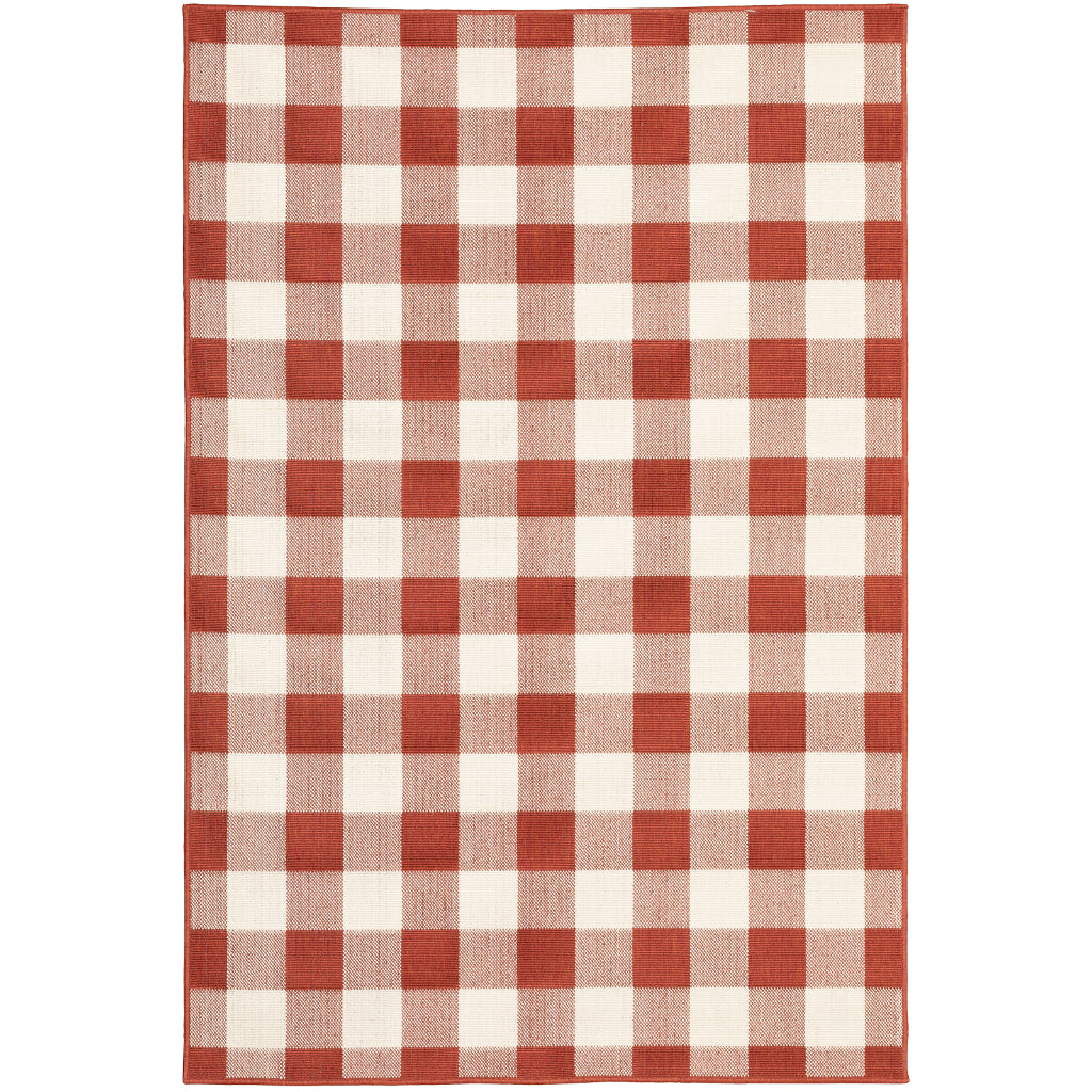 Oriental Weavers Meridian 2598R Red/Ivory Rectangle Indoor / Outdoor Area Rug - Trendy Stain Resistant Machine Made Patio Rug with Geometric Pattern-
