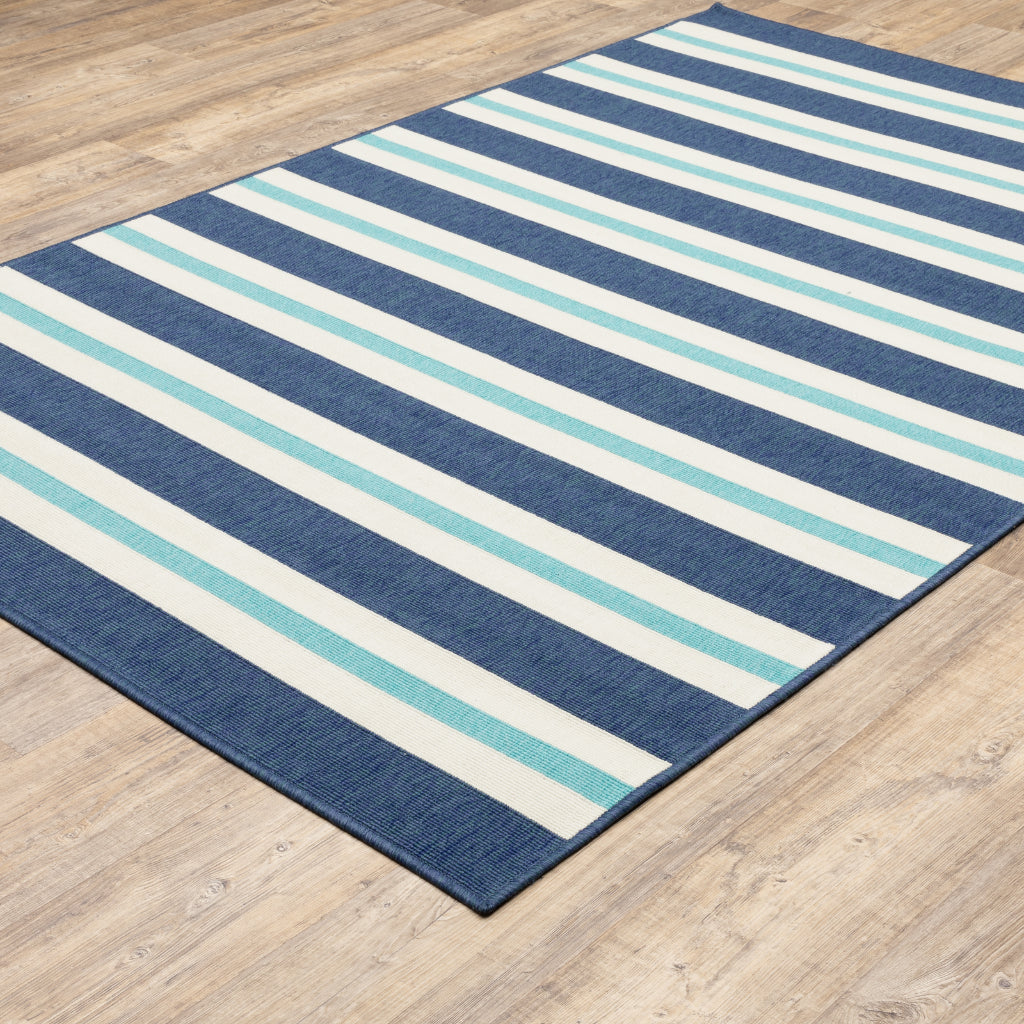 Oriental Weavers Meridian 5701B Blue/Ivory Rectangle Indoor / Outdoor Area Rug - Trendy Stain Resistant Machine Made Patio Rug with Striped Pattern-