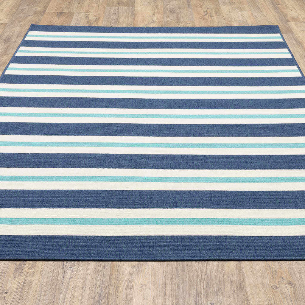 Oriental Weavers Meridian 5701B Blue/Ivory Rectangle Indoor / Outdoor Area Rug - Trendy Stain Resistant Machine Made Patio Rug with Striped Pattern-