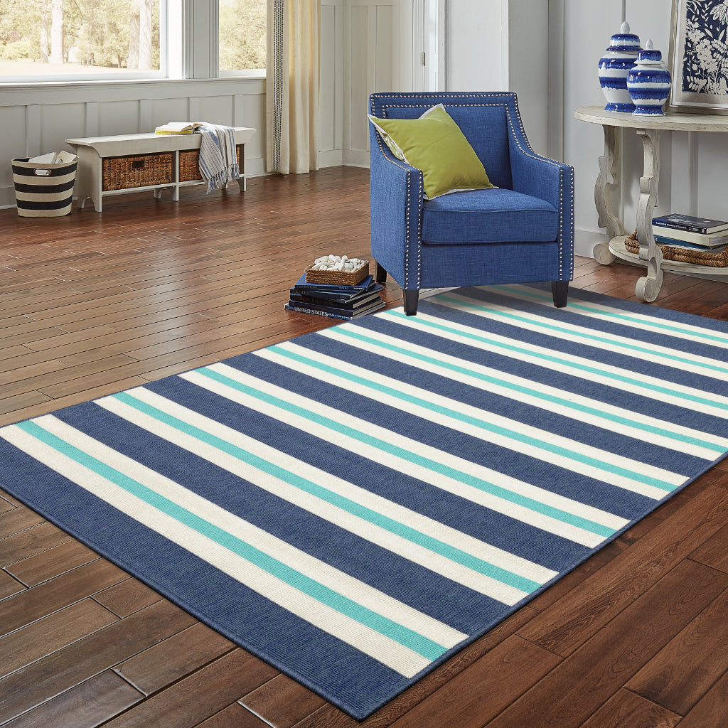 Oriental Weavers Meridian 5701B Blue/Ivory Rectangle Indoor / Outdoor Area Rug - Trendy Stain Resistant Machine Made Patio Rug with Striped Pattern-