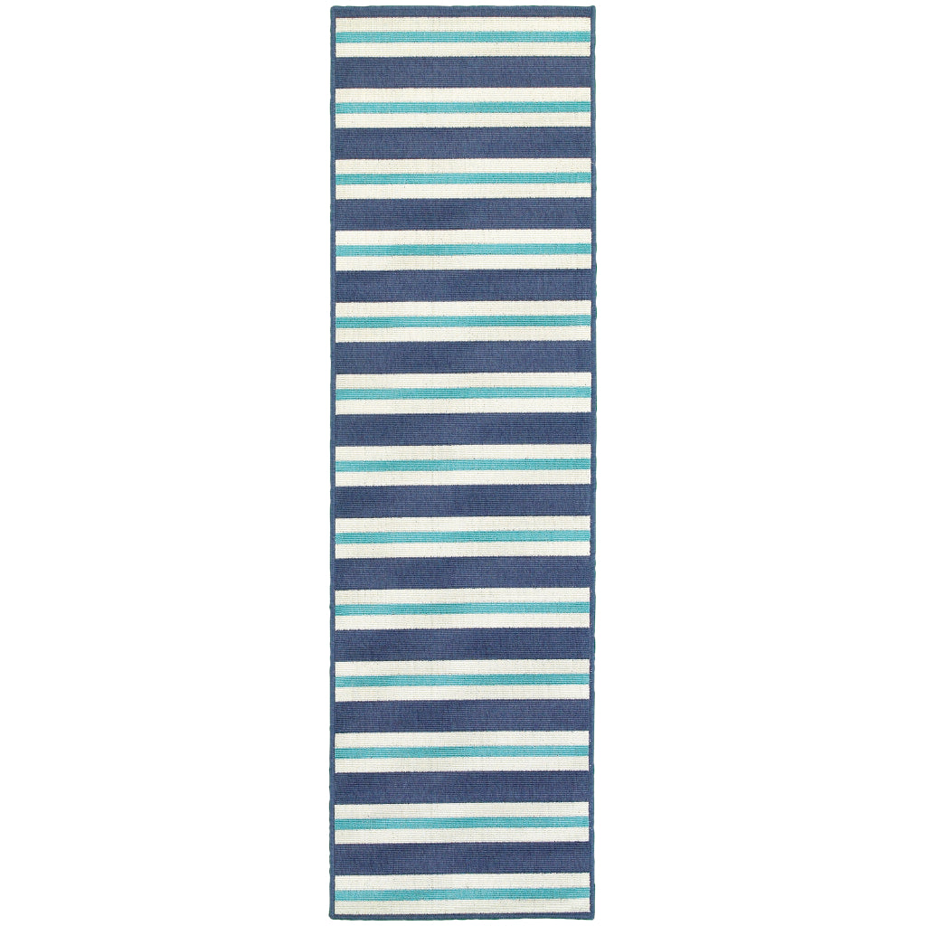 Oriental Weavers Meridian 5701B Blue/Ivory Rectangle Indoor / Outdoor Runner - Trendy Stain Resistant Machine Made Entryway & Hallway Runner with Striped Pattern-