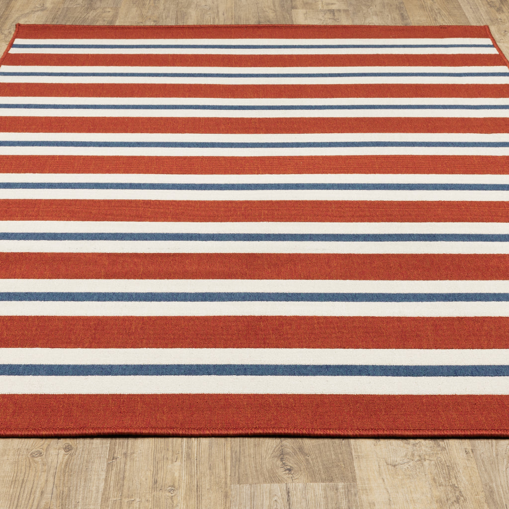 Oriental Weavers Meridian 5701R Red/Blue Rectangle Indoor / Outdoor Area Rug - Trendy Stain Resistant Machine Made Patio Rug with Striped Pattern-
