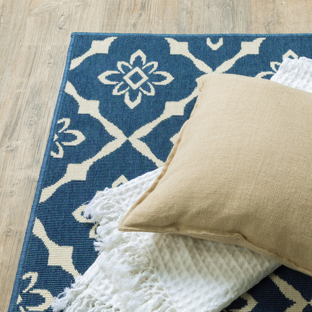 Oriental Weavers Meridian 5703B Navy/Ivory Rectangle Indoor / Outdoor Runner - Trendy Stain Resistant Machine Made Entryway & Hallway Runner with Trellis Pattern-