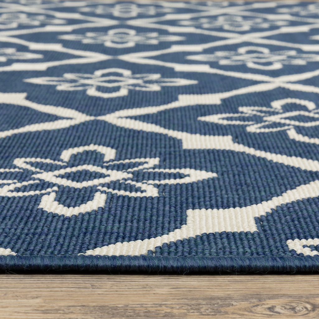 Oriental Weavers Meridian 5703B Navy/Ivory Round Indoor / Outdoor Area Rug - Trendy Stain Resistant Machine Made Rug for Dining & Living Spaces-