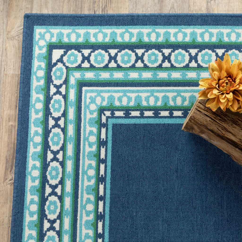 Oriental Weavers Meridian 9650B Navy/Green Rectangle Indoor / Outdoor Runner - Trendy Stain Resistant Machine Made Entryway & Hallway Runner with Border Pattern-