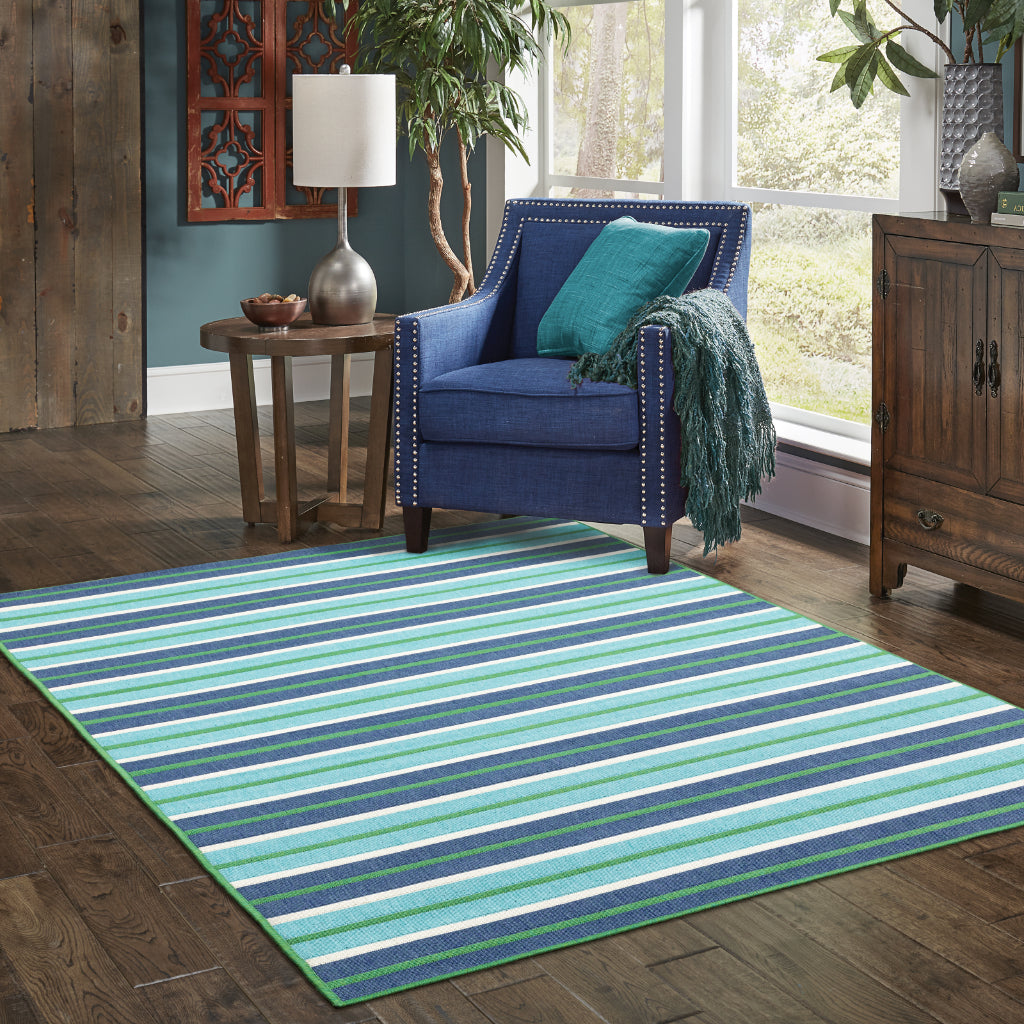 Oriental Weavers Meridian 9652F Blue/Green Rectangle Indoor / Outdoor Area Rug - Trendy Stain Resistant Machine Made Patio Rug with Striped Pattern-