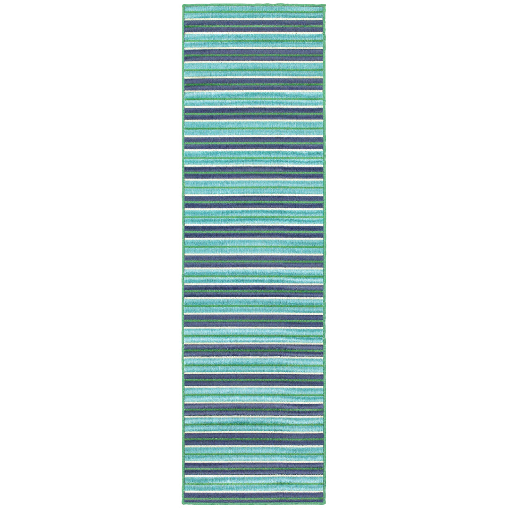 Oriental Weavers Meridian 9652F Blue/Green Rectangle Indoor / Outdoor Runner - Trendy Stain Resistant Machine Made Entryway & Hallway Runner with Striped Pattern-