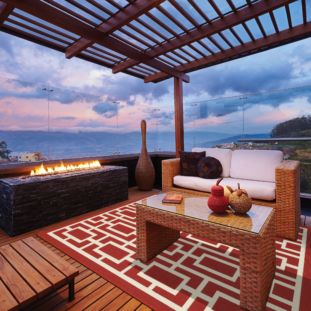 Oriental Weavers Meridian 9754R Red/Ivory Rectangle Indoor / Outdoor Area Rug - Trendy Stain Resistant Machine Made Patio Rug with Geometric Pattern-