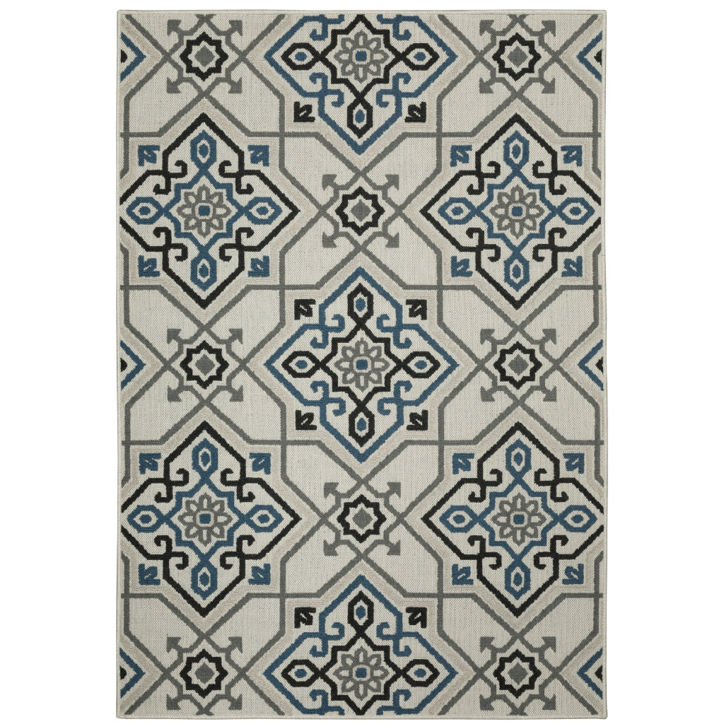 Oriental Weavers Torrey 004Y1 Light Grey/Blue Rectangle Indoor / Outdoor Area Rug - Stain Resistant Machine Made Patio Rug with Medallion Pattern-