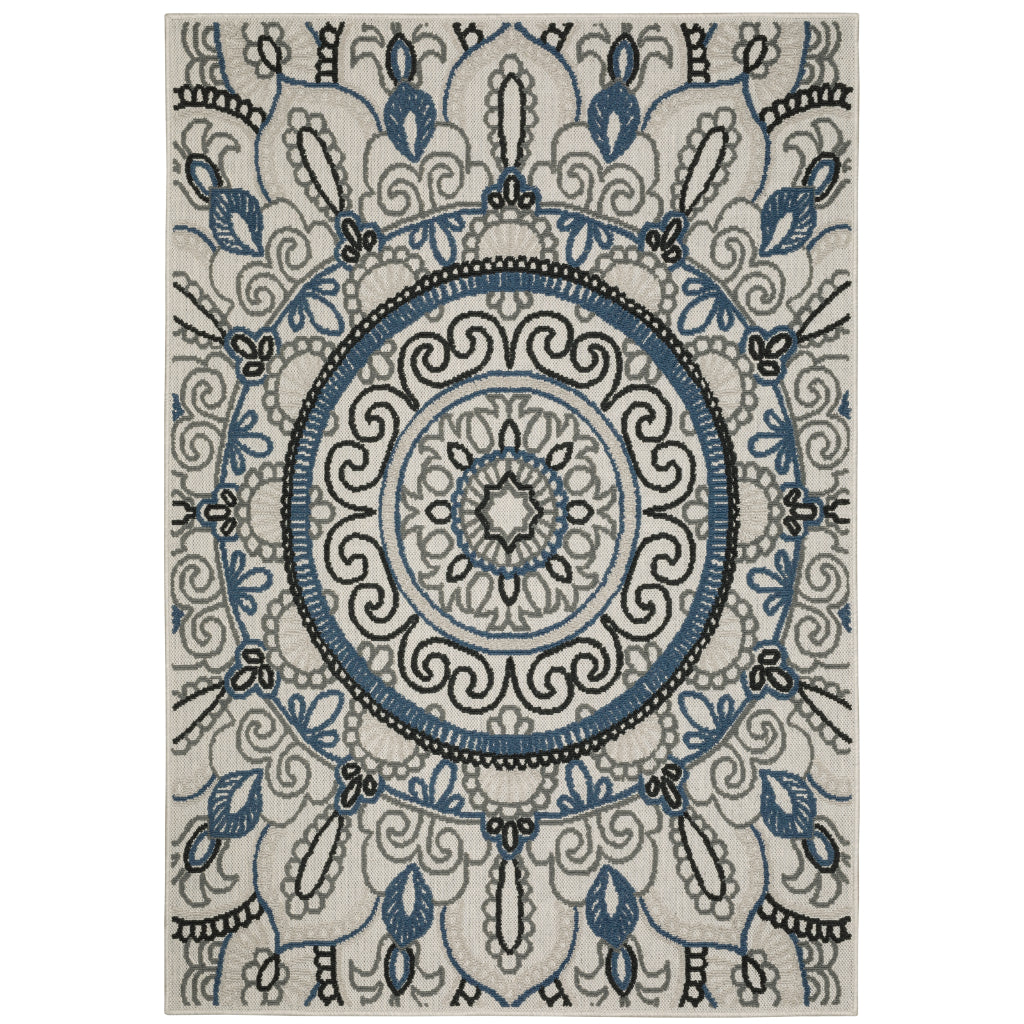 Oriental Weavers Torrey 072J1 Light Grey/Blue Rectangle Indoor / Outdoor Area Rug - Stain Resistant Machine Made Patio Rug with Medallion Pattern-