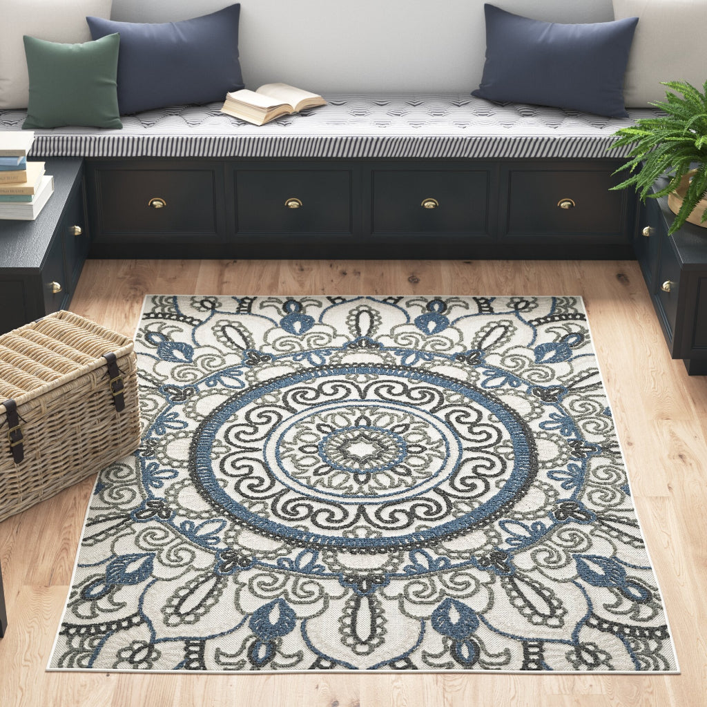 Oriental Weavers Torrey 072J1 Light Grey/Blue Rectangle Indoor / Outdoor Area Rug - Stain Resistant Machine Made Patio Rug with Medallion Pattern-