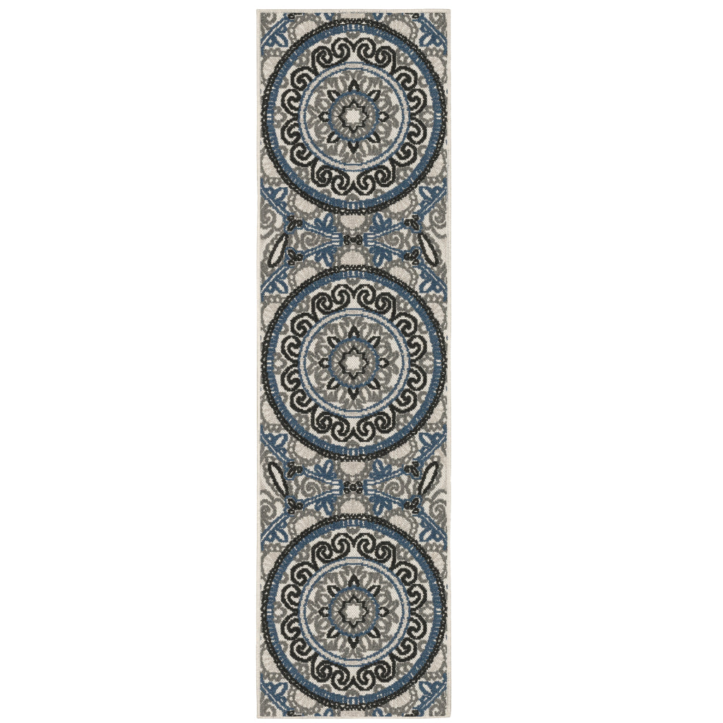 Oriental Weavers Torrey 072J1 Light Grey/Blue Rectangle Indoor / Outdoor Runner - Stain Resistant Machine Made Entryway & Hallway Runner with Medallion Pattern-