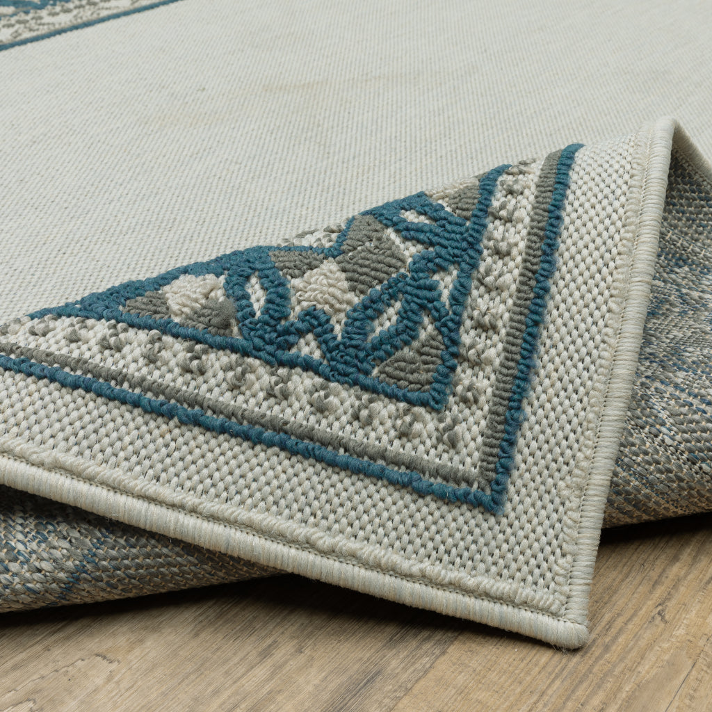 Oriental Weavers Torrey 8020W Light Grey/Blue Rectangle Indoor / Outdoor Area Rug - Stain Resistant Machine Made Patio Rug with Border Pattern-