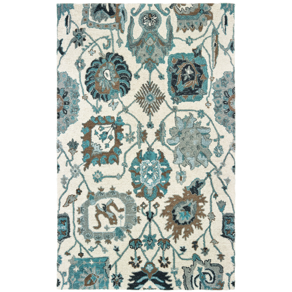 Oriental Weavers Zahra 75503 Ivory/Blue Rectangle Indoor Area Rug - Bohemian Style Hand Tufted Living Room Rug Made of 100% Wool-