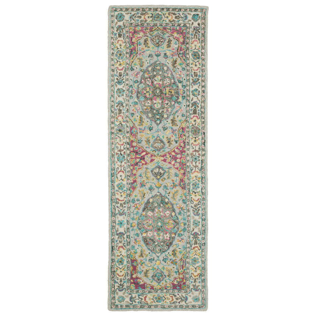 Oriental Weavers Zahra 75504 Grey/Pink Rectangle Indoor Runner - Bohemian Style Hand Tufted Entryway & Hallway Runner Made of 100% Wool-