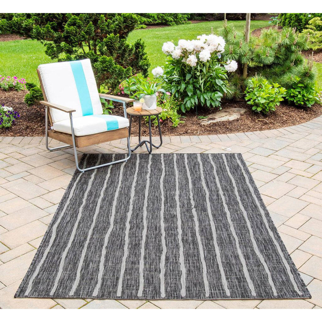 Momeni Villa VI-03 Sicily Charcoal Rectangle Indoor / Outdoor Area Rug - Elegant All-Weather Patio &amp; Living Room Rug with Vertical Stripe Design