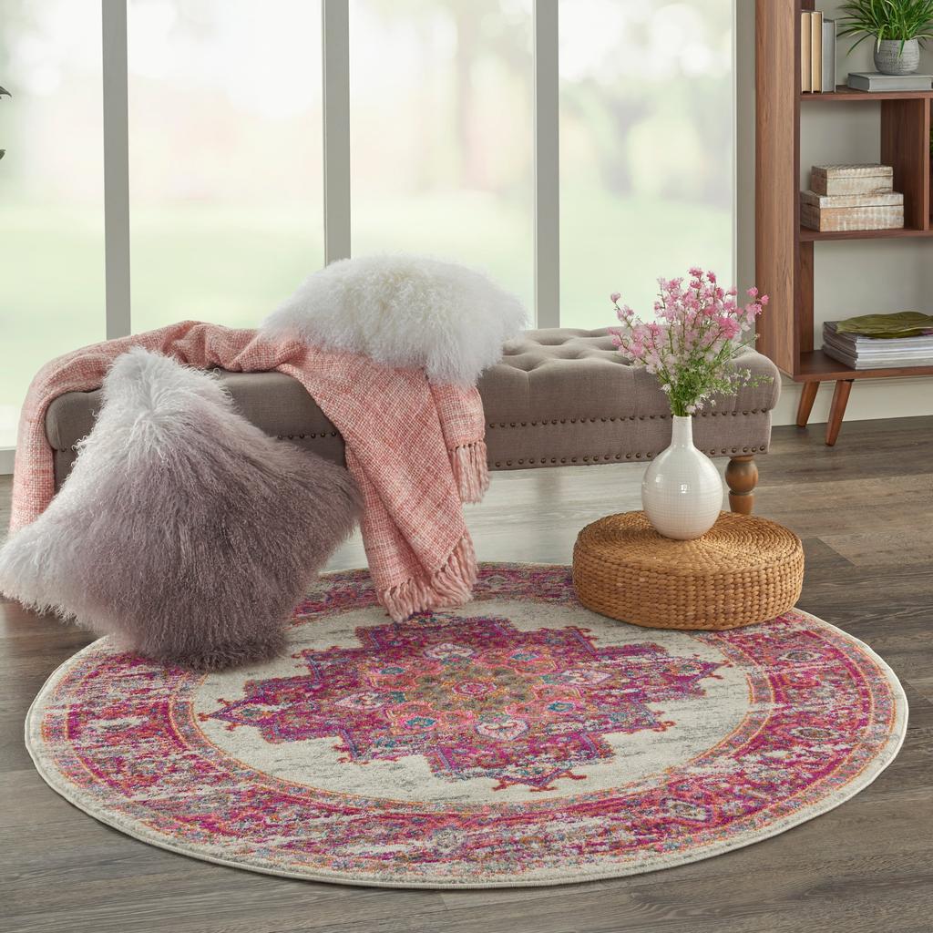 Nourison Home Passion PSN03 Pink and White Ivory/Fuchsia Indoor Round Area Rug - Bohemian Power Loomed Machine Made Medium Pile