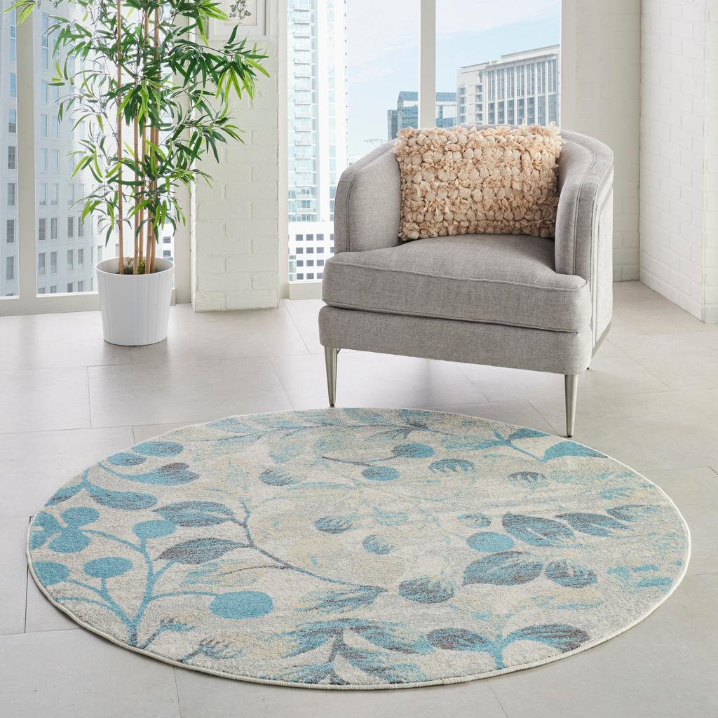 Nourison Home Tranquil TRA03 Ivory Turquoise Ivory/Turquoise Indoor Round Area Rug - Farmhouse Power Loomed Machine Made Medium Pile