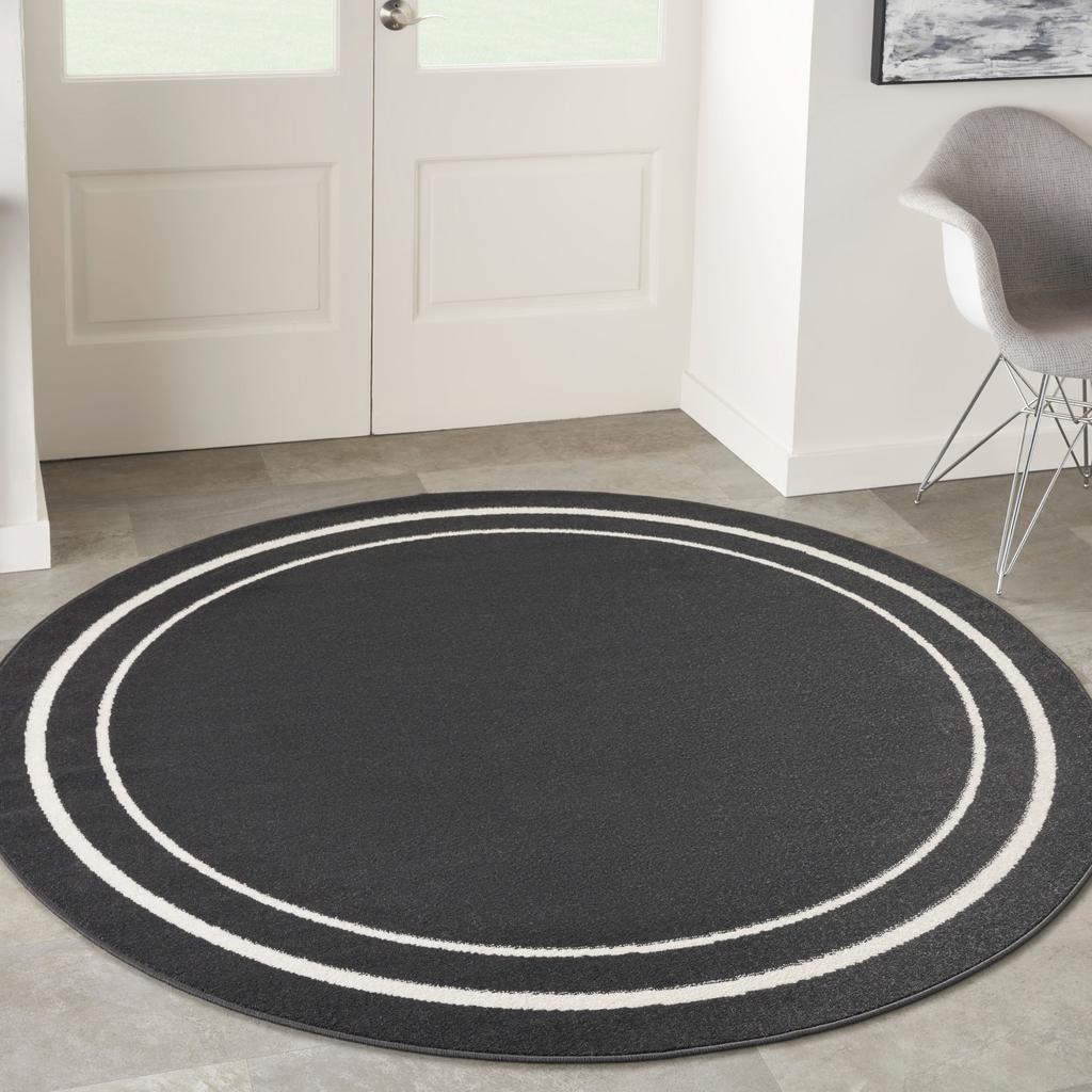 Nourison Home Nourison Essentials NRE02 Black Ivory Indoor/Outdoor Round Area Rug - Contemporary Power Loomed Machine Made Low Pile