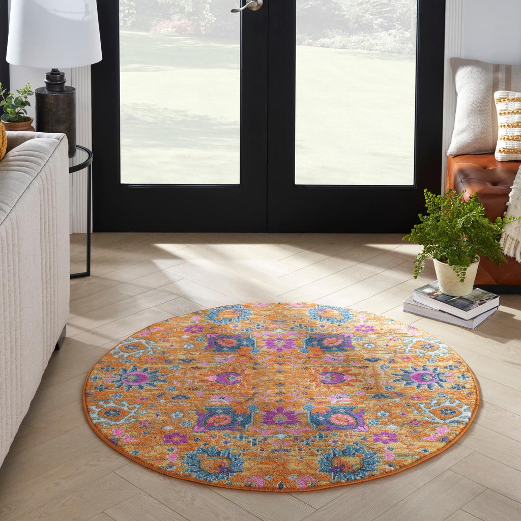 Nourison Home Passion PSN01 Orange Sunburst Indoor Round Area Rug - Bohemian Power Loomed Machine Made Medium Pile