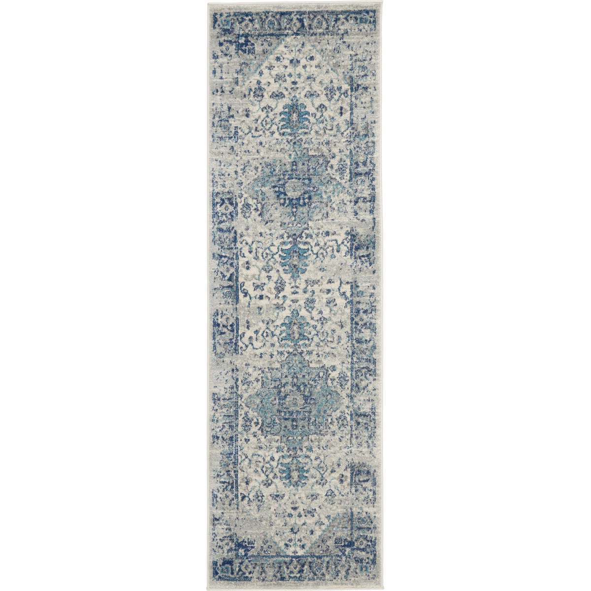 Nourison Home Tranquil TRA06 Navy Blue and White Ivory/Light Blue Indoor Runner - Vintage Power Loomed Machine Made Medium Pile
