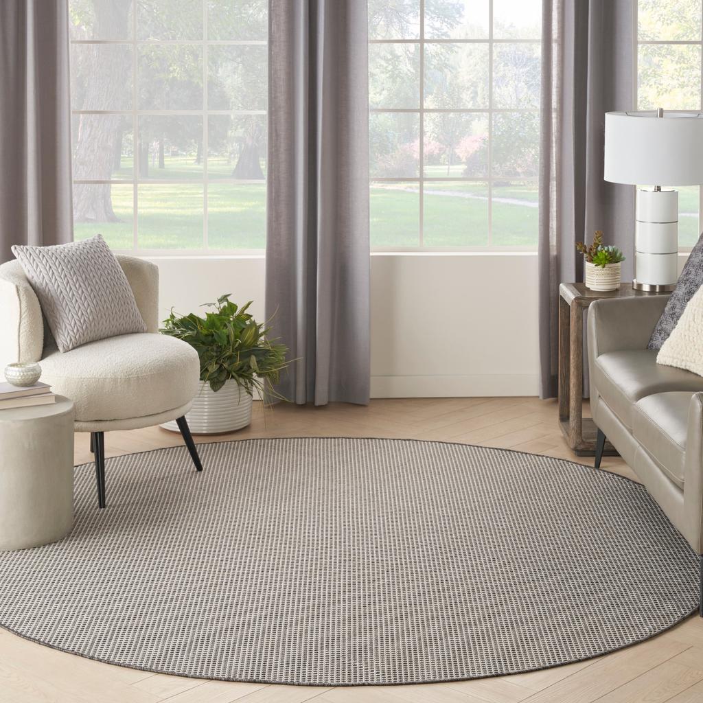 Nourison Home Courtyard COU01 Ivory Charcoal Indoor/Outdoor Round Area Rug - Modern Power Loomed Machine Made Low Pile