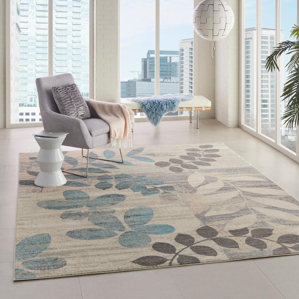 Nourison Home Tranquil TRA01 White and Blue Ivory/Light Blue Indoor Rectangle Area Rug - Farmhouse Power Loomed Machine Made Medium Pile