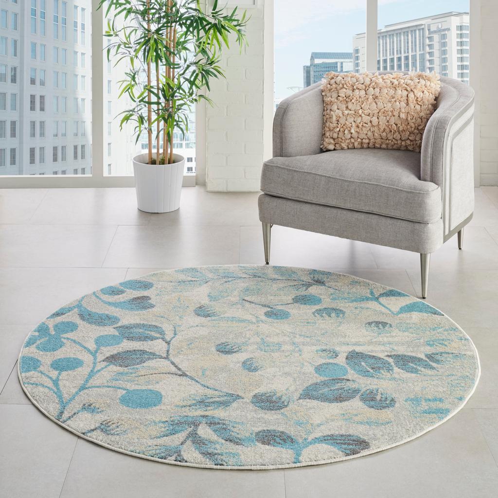 Nourison Home Tranquil TRA03 Ivory Turquoise Ivory/Turquoise Indoor Round Area Rug - Farmhouse Power Loomed Machine Made Medium Pile