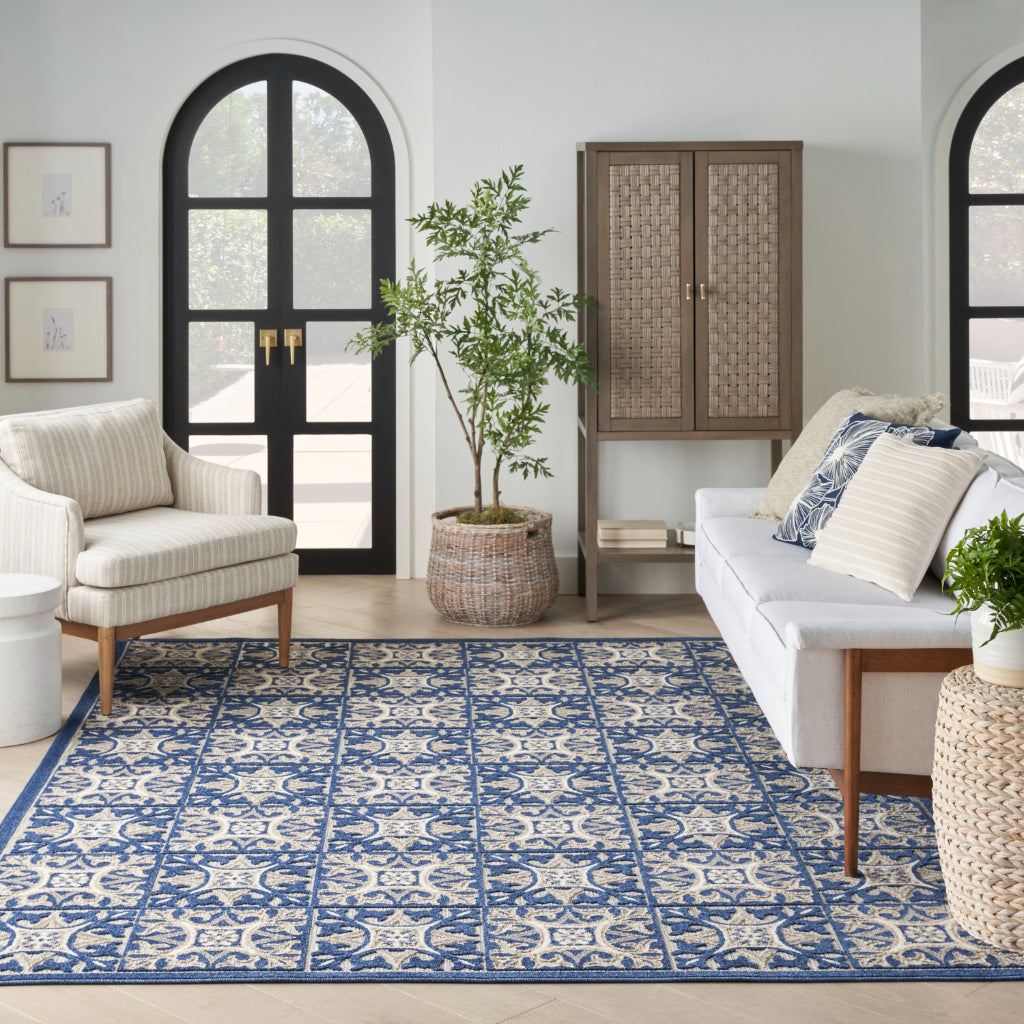 Nourison Home Aloha ALH34 Machine Made Multicolor Rectangle Area Rug - Stain Resistant Low Pile Rug with Blue Ornate Geometric Pattern-