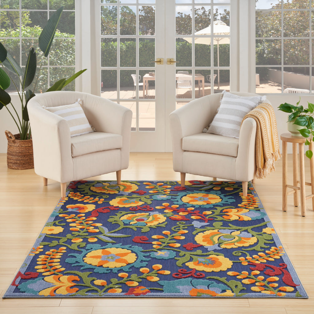 Nourison Home Aloha ALH17 Machine Made Multicolor Rectangle Area Rug - Stain Resistant Indoor & Outdoor Low Pile Floral Rug with Blue Background-