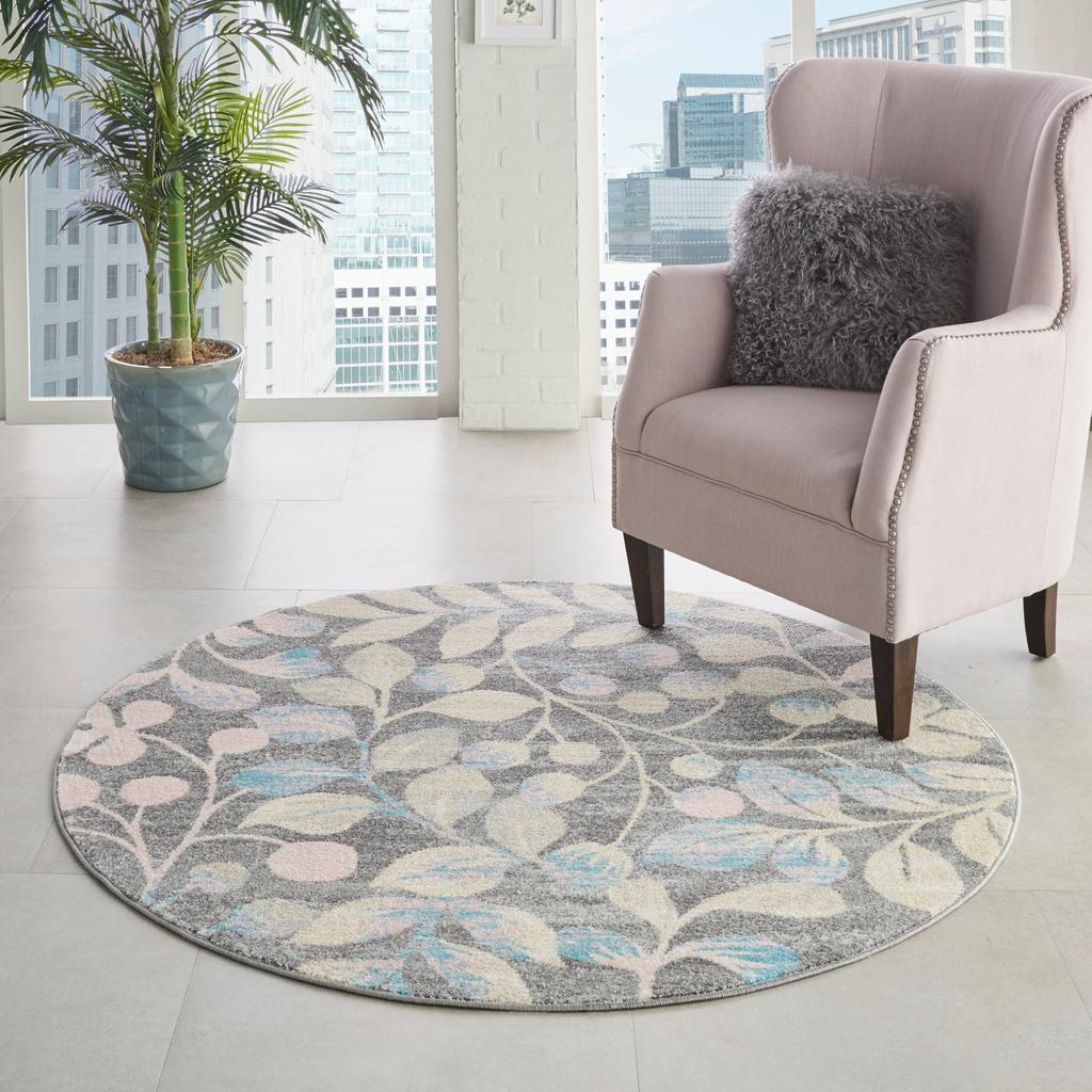 Nourison Home Tranquil TRA03 Grey Beige Indoor Round Area Rug - Farmhouse Power Loomed Machine Made Medium Pile