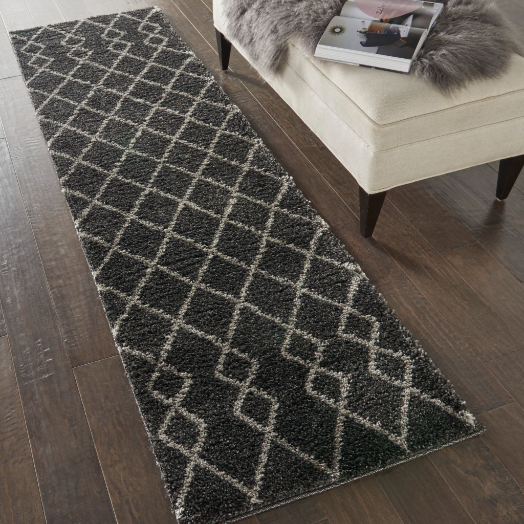 Nourison Home Geometric Shag GOS01 Black Indoor Runner - Finest High Pile Runner with Jute Backing