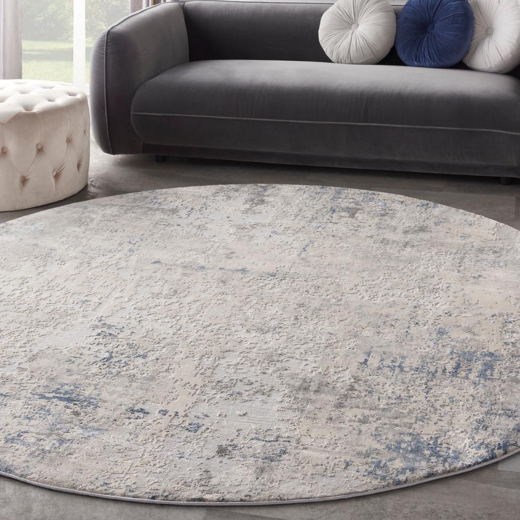 Nourison Home Rustic Textures RUS07 Ivory Grey Blue Indoor Round Area Rug - Modern Power Loomed Machine Made Medium Pile
