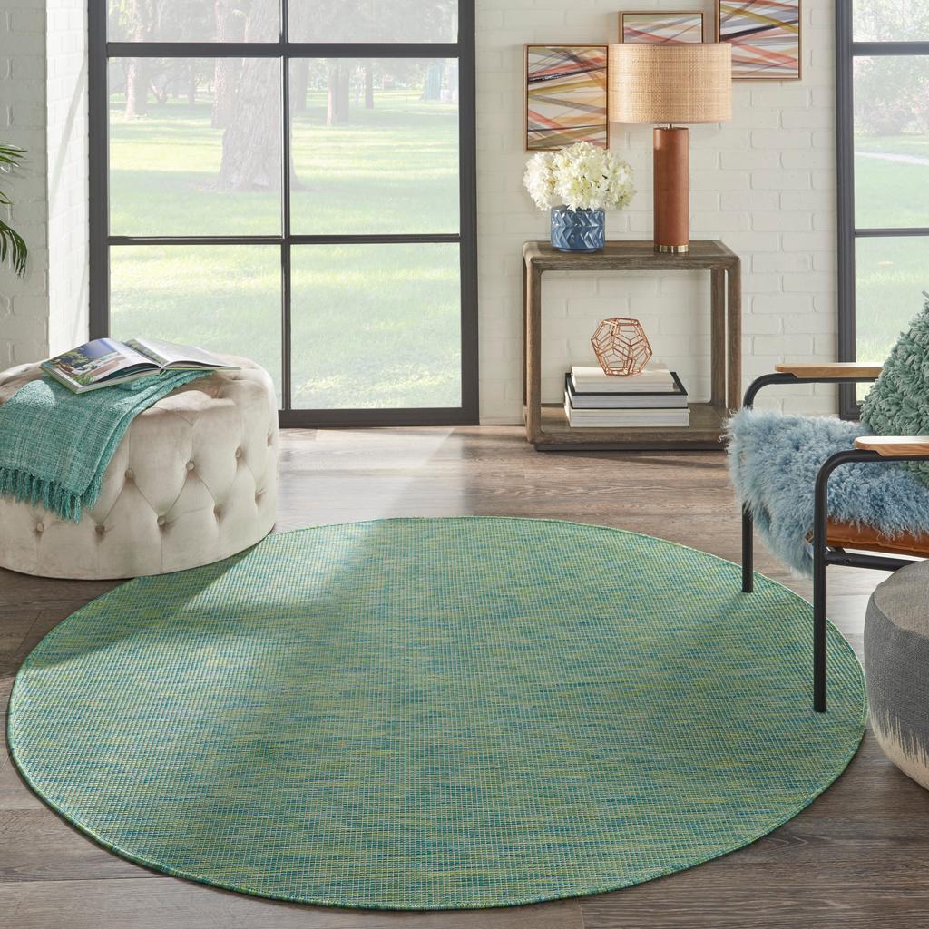 Nourison Home Positano POS01 Blue Green Indoor/Outdoor Round Area Rug - Modern Power Loomed Machine Made Low Pile