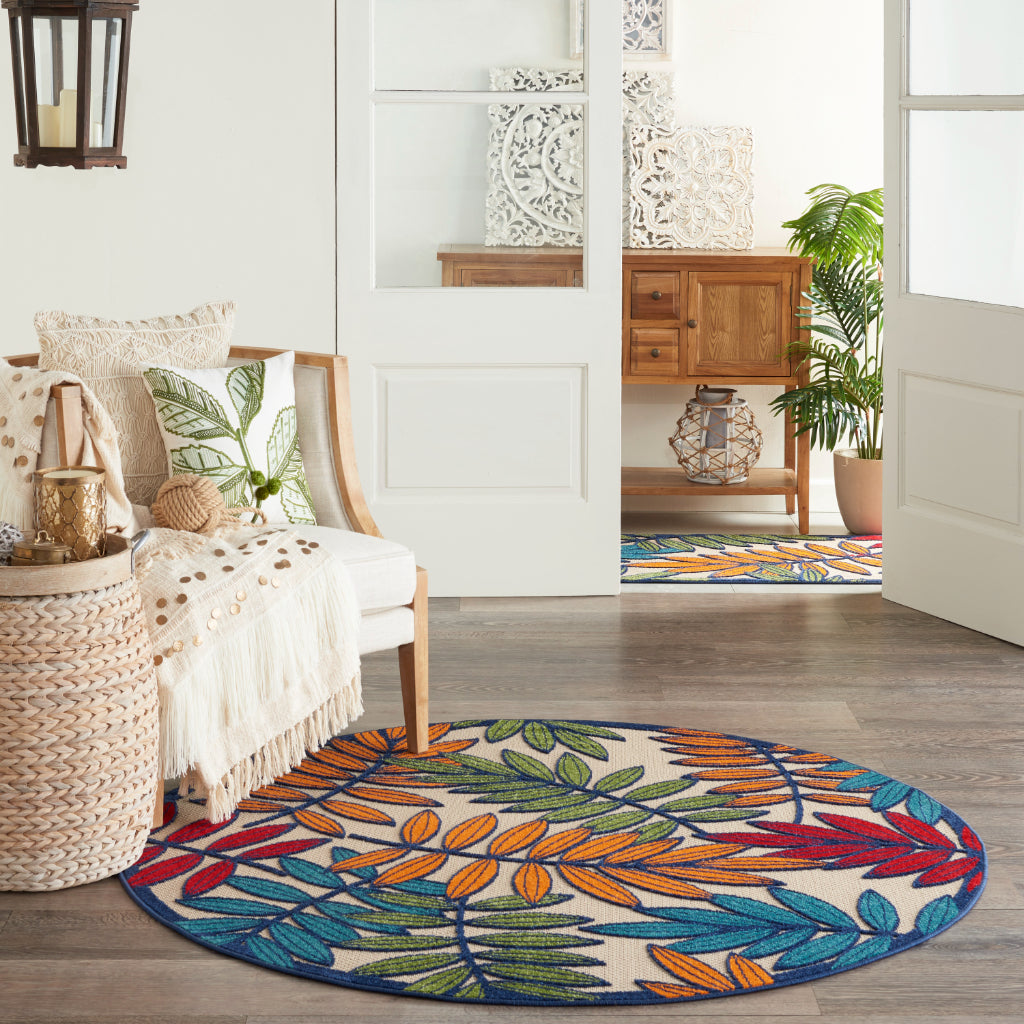 Nourison Home Aloha ALH18 Machine Made Multicolor Round Area Rug - Stain Resistant Indoor & Outdoor Low Pile Floral Rug with White Background-