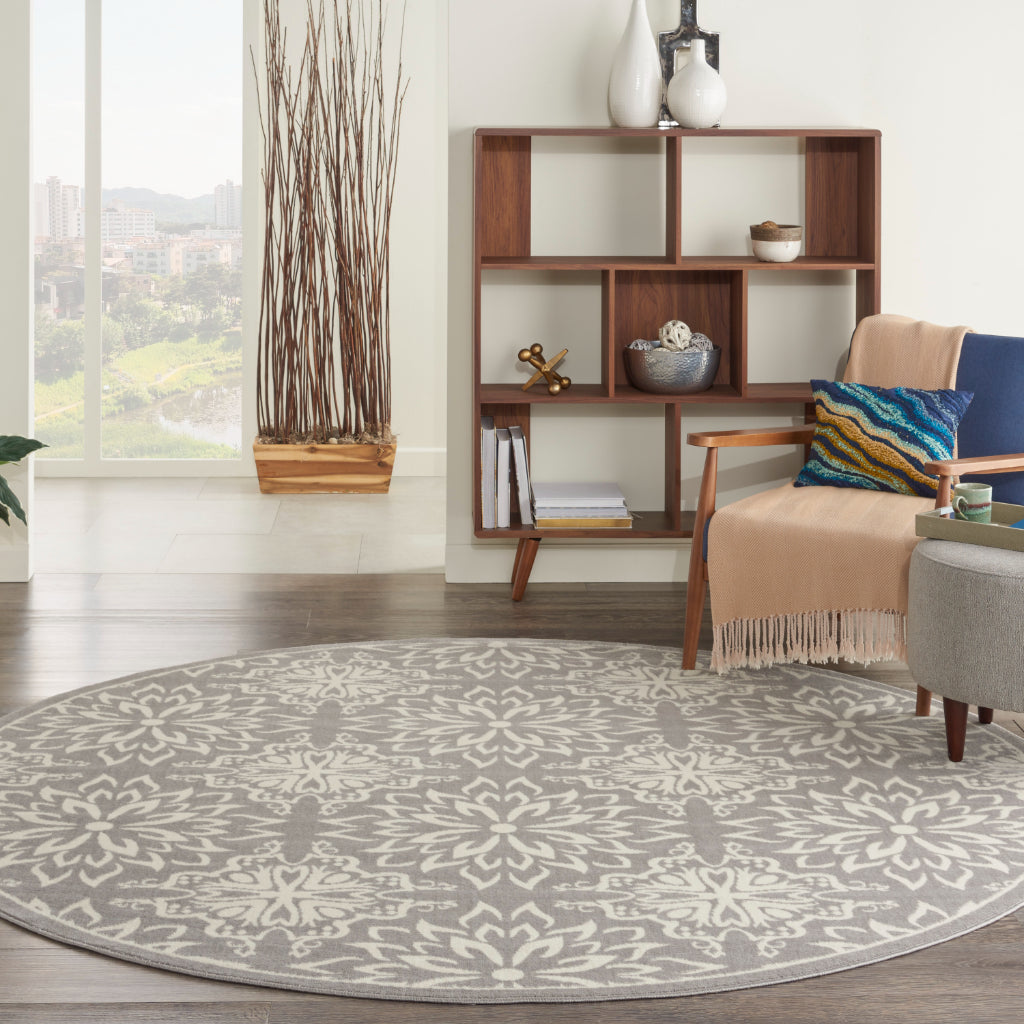 Nourison Home Jubilant JUB06 Gray Round Indoor Area Rug - Elegant Medium Pile Farmhouse Style Rug with Floral Design-