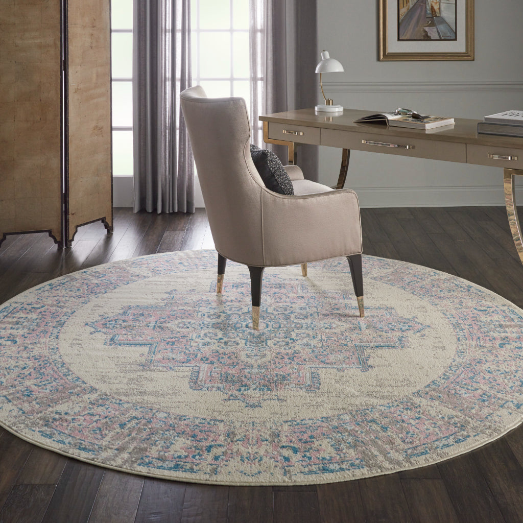 Nourison Home Grafix GRF14 Two-Color Indoor Round Area Rug - Vintage Style Power-Loomed Medium Pile Rug with Shades of Ivory &amp; Pink