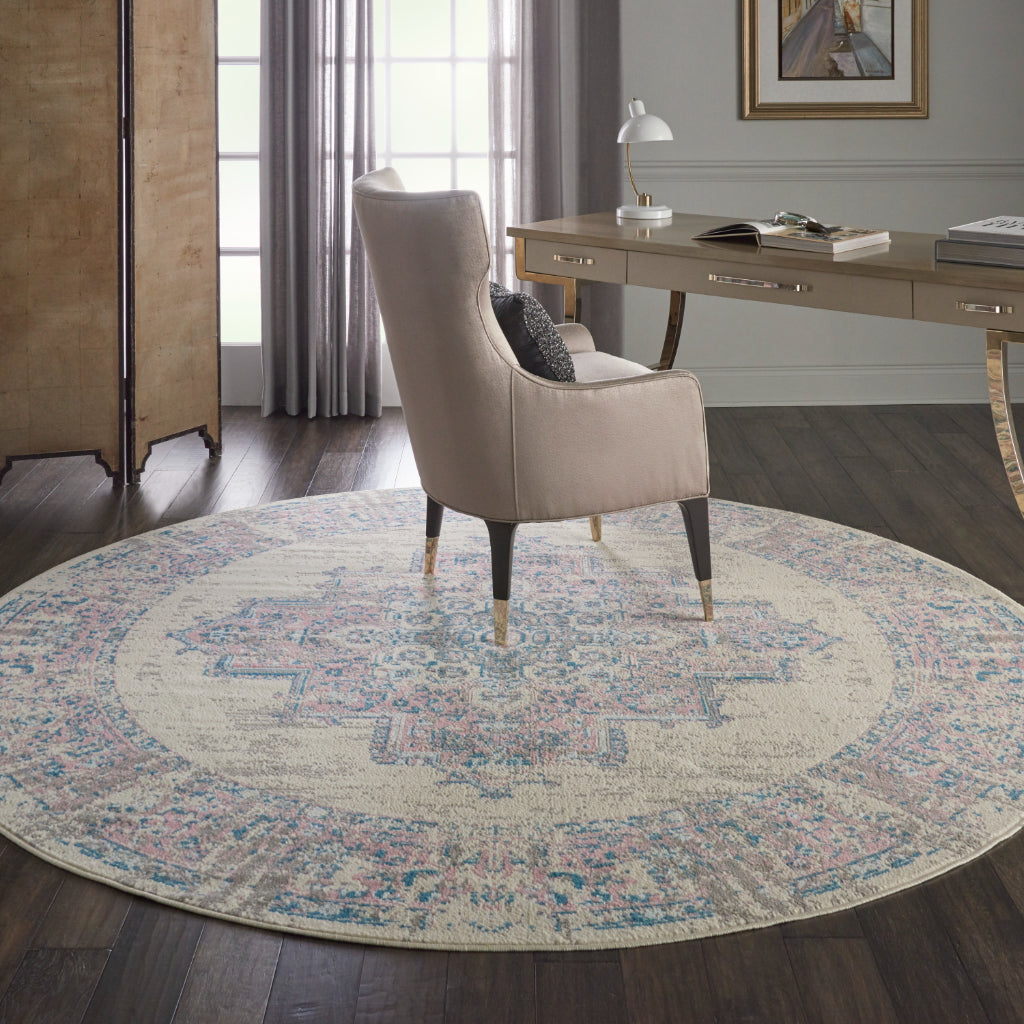 Nourison Home Grafix GRF14 Two-Color Indoor Round Area Rug - Vintage Style Power-Loomed Medium Pile Rug with Shades of Ivory & Pink-
