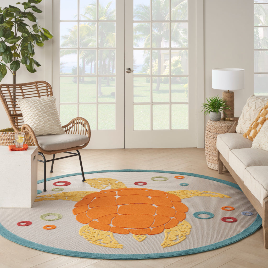 Nourison Home Aloha ALH27 Multicolor Round Area Rug - Stain Resistant Indoor / Outdoor Rug with Orange Sea Turtles Design