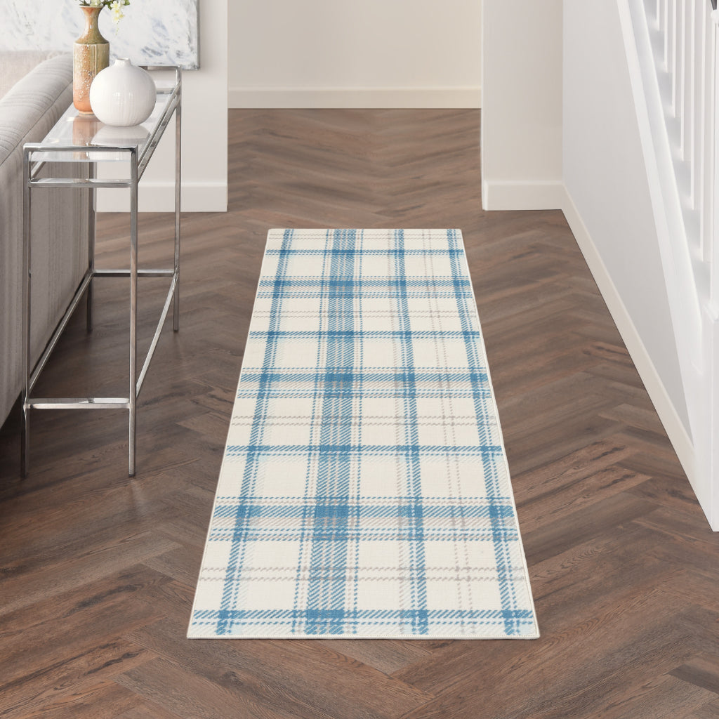 Nourison Home Grafix GRF03 Light Blue Indoor Runner - Power Loomed Medium Pile Plaid Runner