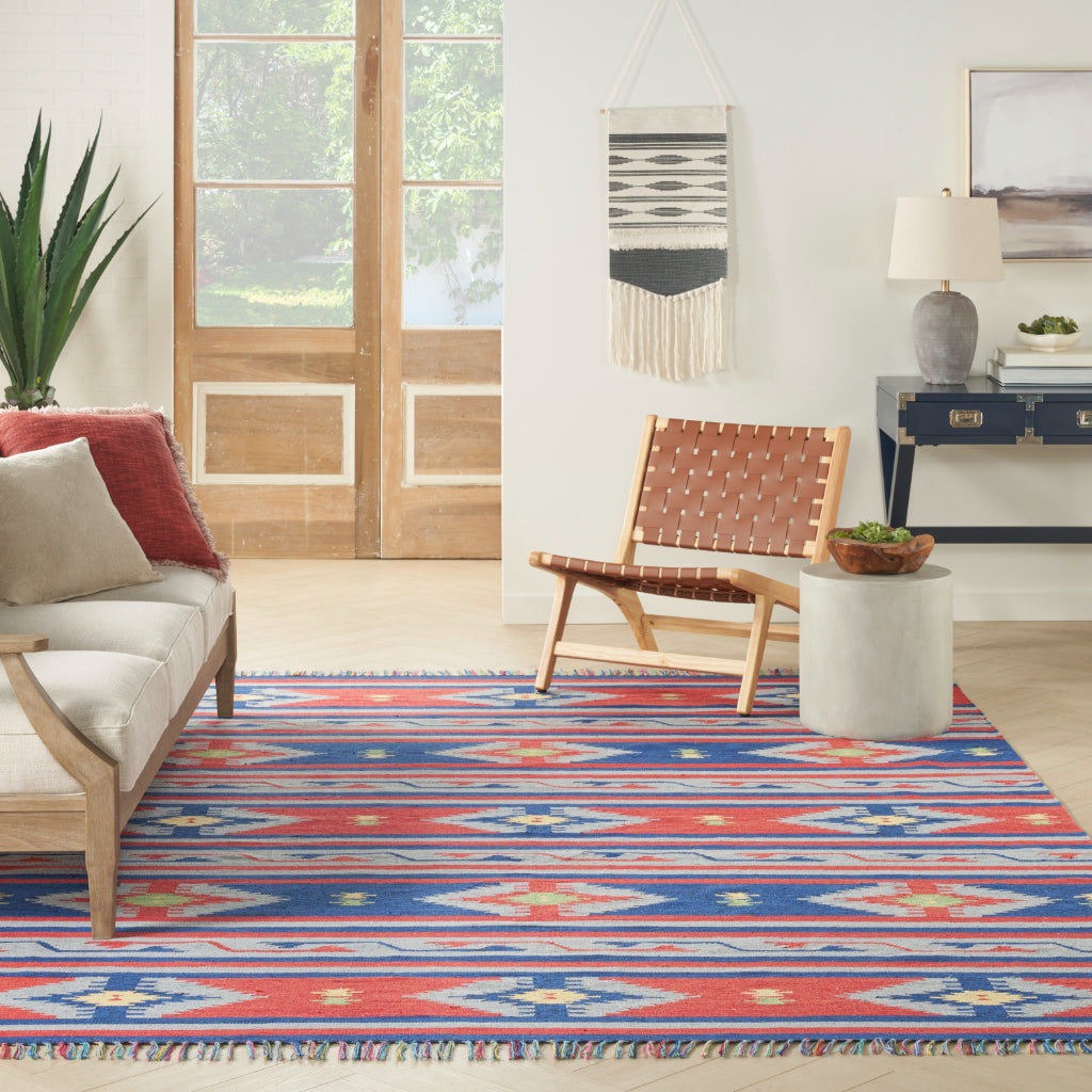 Nourison Home Baja BAJ03 Handmade Multicolor Rectangle Area Rug - Reversible Indoor Rug with Blue & Red Stripes-
